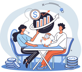 Saving account concept. People with coins and piggy bank. Accumulation of funds, wealth, passive income. Receiving interest from keeping money, safe future. Banking services, internet payment