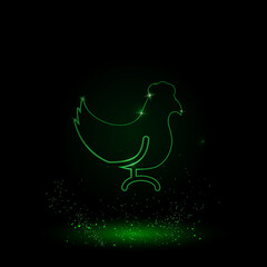 A large green outline chicken symbol on the center. Green Neon style. Neon color with shiny stars. Vector illustration on black background
