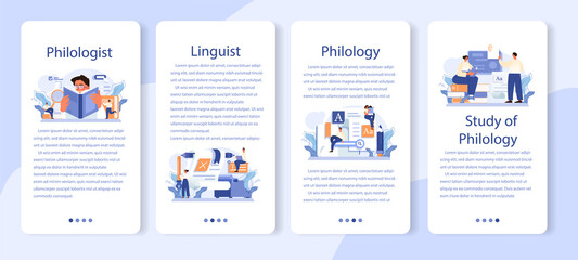 Philologist mobile application banner set. Scientific study of language