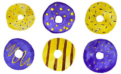 watercolor illustration of a set of six donuts three purple glazed donuts and three yellow glazed donuts decorated with purple sprinkles, poured with yellow syrup. Watercolor donuts. hand drawing