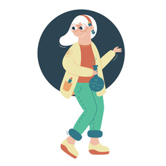 Vector flat cartoon illustration. The scientist is holding test tubes. Scientist conducts an experiment.