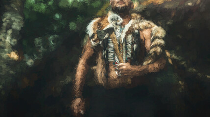 Shamanic man in the nature, Painting effect.