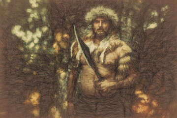 Shamanic man in the nature, Painting effect.