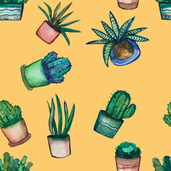 Seamless pattern on a yellow background. Flowers in pots succulents and cacti, packaging.