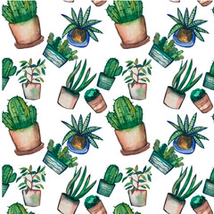 Seamless pattern of watercolor pots. Hand drawn watercolor set. Cacti for decorative cards.
