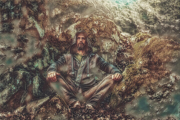 Shamanic man in ornamental dress in the nature.