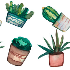 Seamless pattern of watercolor pots. Hand drawn watercolor set. Cacti for decorative cards.