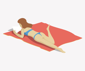 Lady taking sun bath sitting on beach having rest. Woman lying on towel reading book isolated on white. Female in swimsuit enjoying sunbathing. Girl delighting calmness at resort alone in vacation