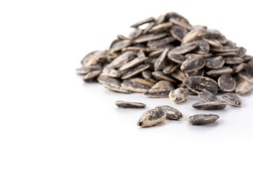 Sunflower seeds isolated on white background. Copy space