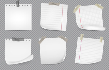 Office reminder sticker pages with curled corners. Wall notepad for scribbles vector set. Realistic square white paper sticky memo notes.