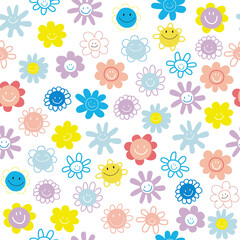 Fototapeta na wymiar Seamless pattern with happy flowers. Childish cute print. Vector hand drawn illustration.