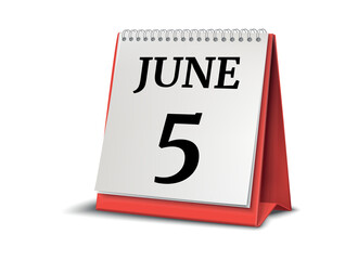 Calendar on white background. 5 June. 3D illustration.