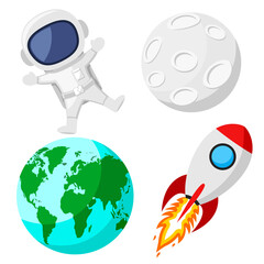 Set of astronaut, rocket and planets on a white background.
