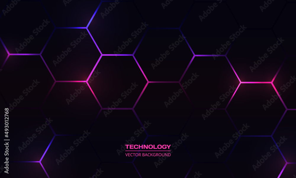 Poster Dark hexagon abstract technology background with purple and pink colored bright flashes under hexagon. Hexagonal gaming vector abstract tech background.