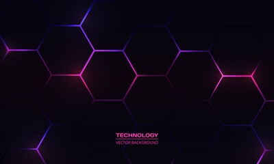 Dark hexagon abstract technology background with purple and pink colored bright flashes under hexagon. Hexagonal gaming vector abstract tech background. © Biod