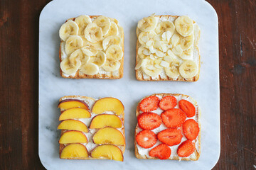 French toast with fruit isolated on white background. Closeup view, selective focus
