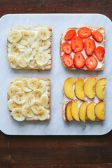 French toast with fruits isolated on white. Closeup view, selective focus
