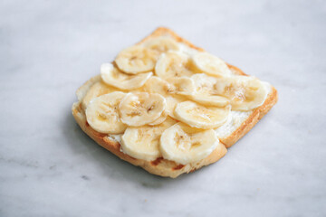 French toast with fruits isolated on white. Closeup view, selective focus
