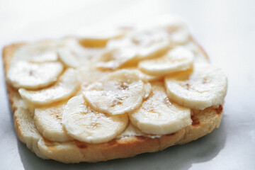 French toast with fruits isolated on white. Closeup view, selective focus
