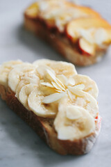 French toast with fruits isolated on white. Closeup view, selective focus
