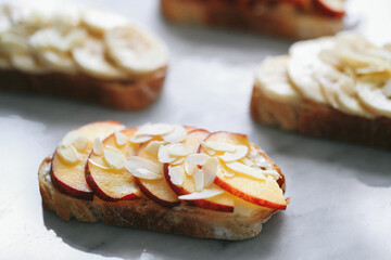 French toast with fruits isolated on white. Closeup view, selective focus
