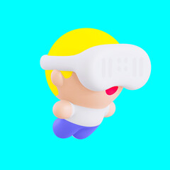 Funny little kawaii character. Cartoon Vr Boy 3d render illustration on blue backdrop