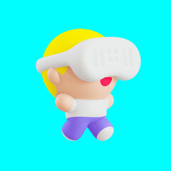 Funny little kawaii character. Cartoon Vr Boy 3d render illustration on blue backdrop