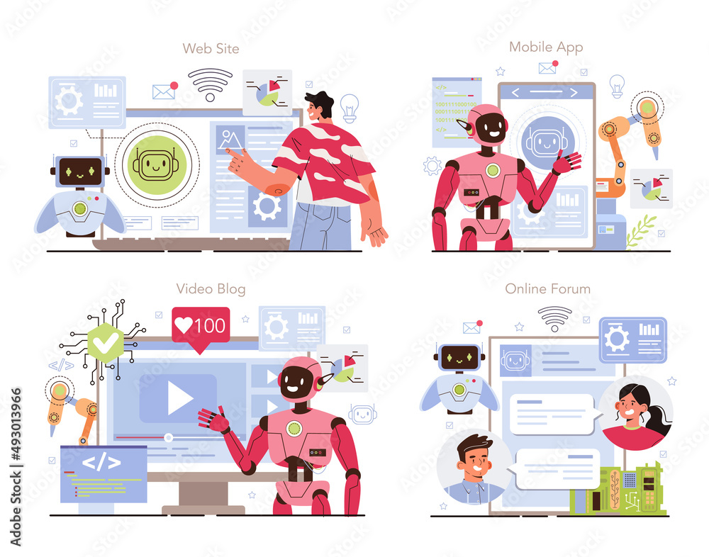 Poster cyber engineering online service or platform set. robotics' constructing