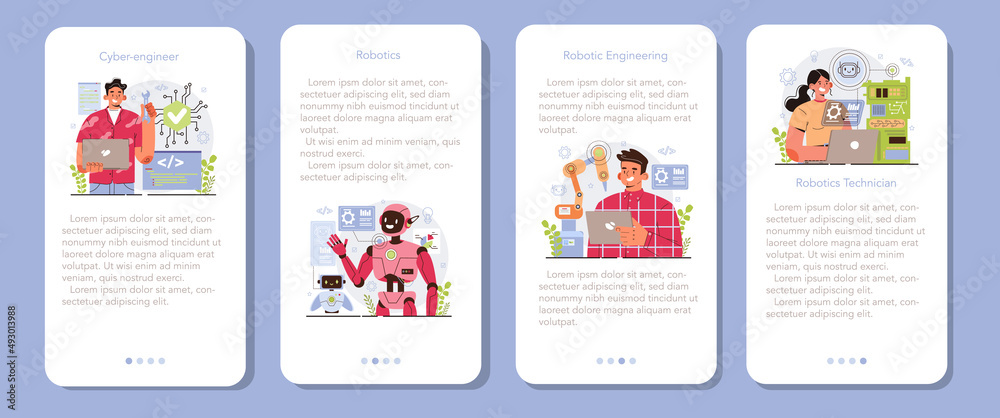 Poster cyber engineering mobile application banner set. robotics' constructing