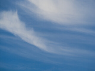 Light wavy clouds in the blue sky, soft background of the sky. Fantastic delicate white clouds against a blue sky background, soft focus