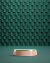 Peach and gold podium on modern green block background for product placement 3d render