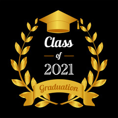 Class of 2021. Graduation certificate template. To congratulate the graduates of 2021. Golden laurel wreath and graduation hat