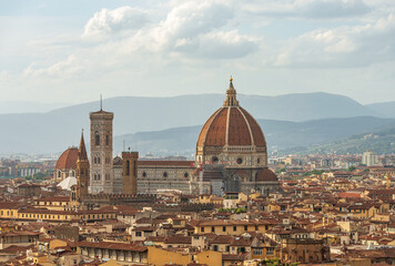Fototapeta na wymiar Florence Cityscape with the Cathedral of Santa Maria del Fiore and the bell tower of Giotto (Campanile). UNESCO world heritage site, Tuscany, Italy, Europe.