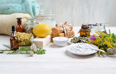 Eco friendly products for cleaning and care on table. DIY ingredients - essential oil, salt, bath soap, baking, washing soda, vinegar, lemon, herbs. zero waste detergent