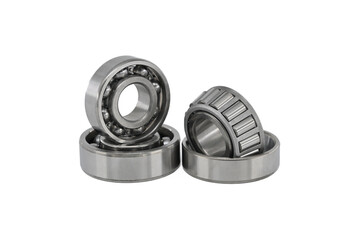 Set of various ball and roller bearings on white