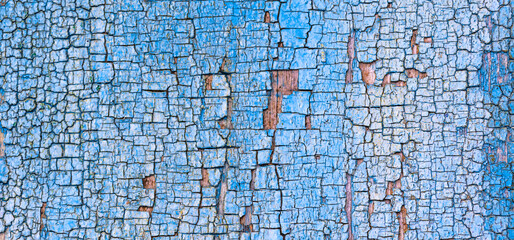 Old wood texture with blue cracked paint. Retro and vintage high detailed background, close-up view photo