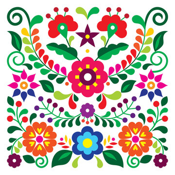 Mexican folk art style vector floral greeting card square design, retro vibrant pattern inspired by traditional embroidery from Mexico
 