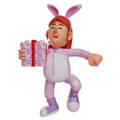 Happy Face 3D Bunny Girl Cartoon Illustration holding a beautiful present