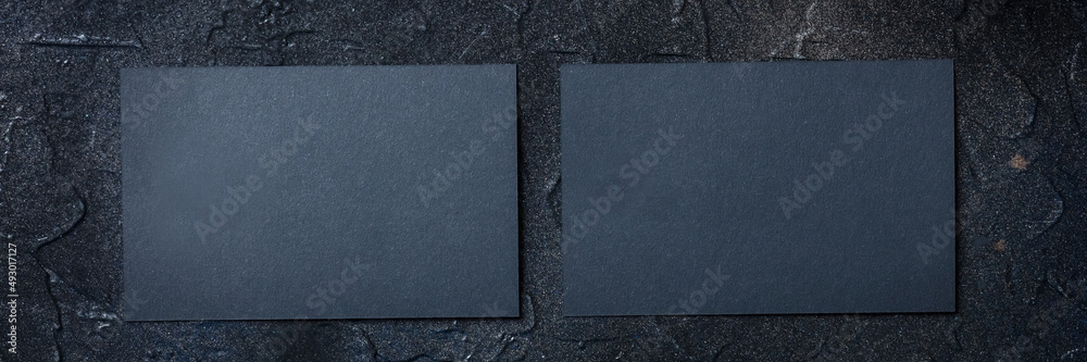 Wall mural black business card mockup panoramic banner on a dark background, a template for design presentation