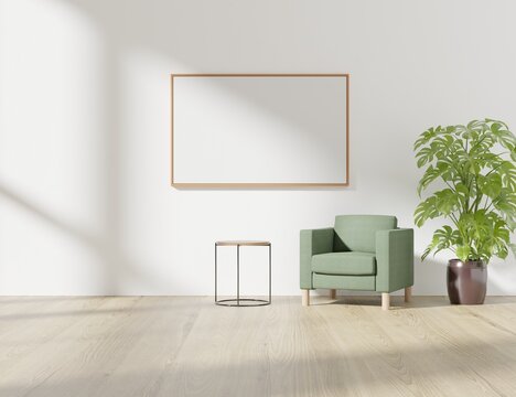 3d render of a modern living room with two green armchairs with with mock up poster frame on wall,3d illustration