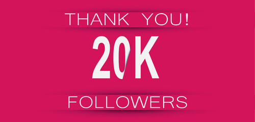 20k followers celebration. Social media achievement poster,greeting card on pink background.