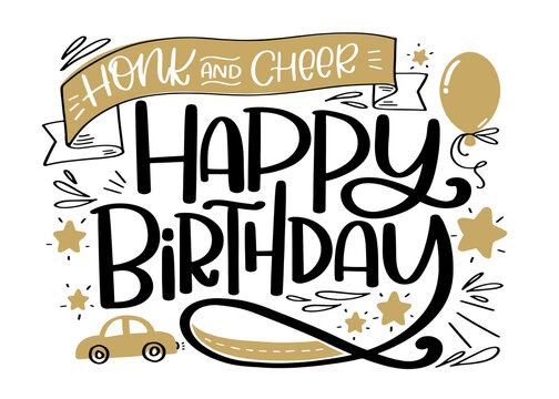 Honk and Cheer Birthday card with car, road, balloon and stars. Two color vector design in gold and black for boy's drive in party.