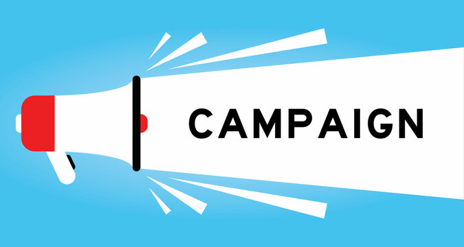Color megphone icon with word campaign in white banner on blue background