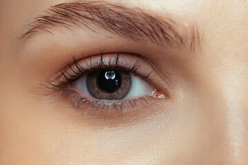 Obraz premium Cropped close-up portrait of beautiful female brown eye looking at camera