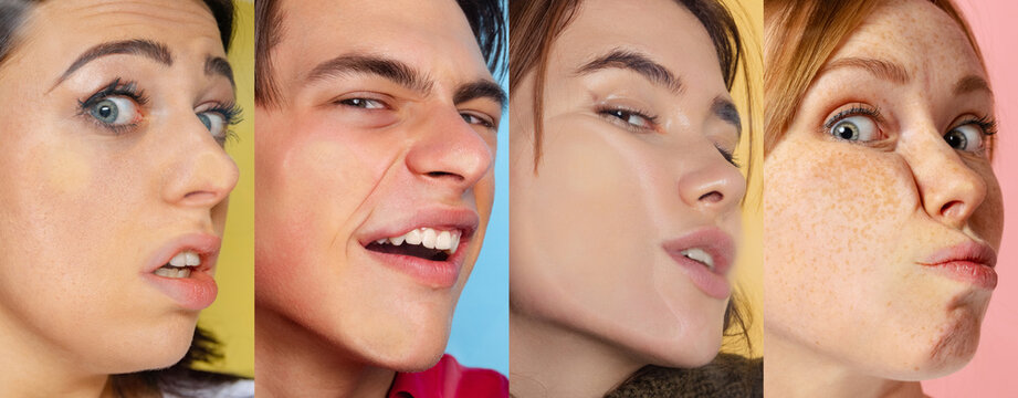 Set Of Close-up Faces Of Young Girls And Boys Crushed On Glass Isolated On Colored Background. Concept Of Human Emotions, Diversity. Models Leaning Against Glass