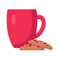 Cup with hot drink and cookies, vector illustration in cartoon flat style. Coffee, cocoa or tea cup. Tasty breakfast or coffee break. Print for cards, clothes, sticker, design and decor