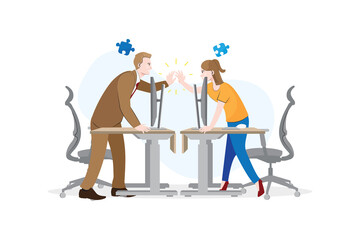 2 of coworkers agree and solve problem together flat vector illustration on white background