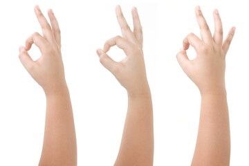 Asian Boy hand gestures isolated over the white background. OK Action Pose. Back Side.
