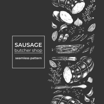 Sausages And Spices, Seamless Pattern Contour Drawing Of Sausage And Spices, Engraving, Seamless Pattern For A Showcase, Black Outline, White Background, Cafe Menu, Restaurant, Butcher Shop, Signboard