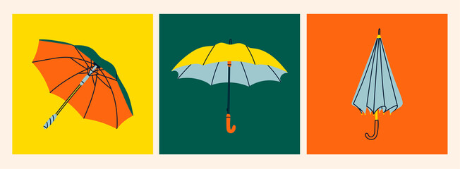 Umbrellas in various positions. Open and folded umbrellas. Set of three Hand drawn colored Vector illustrations. Cartoon style. Design templates. All elements are isolated © Dariia
